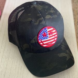 America Trucker Hat Custom patch American Flag Happy Face Camo